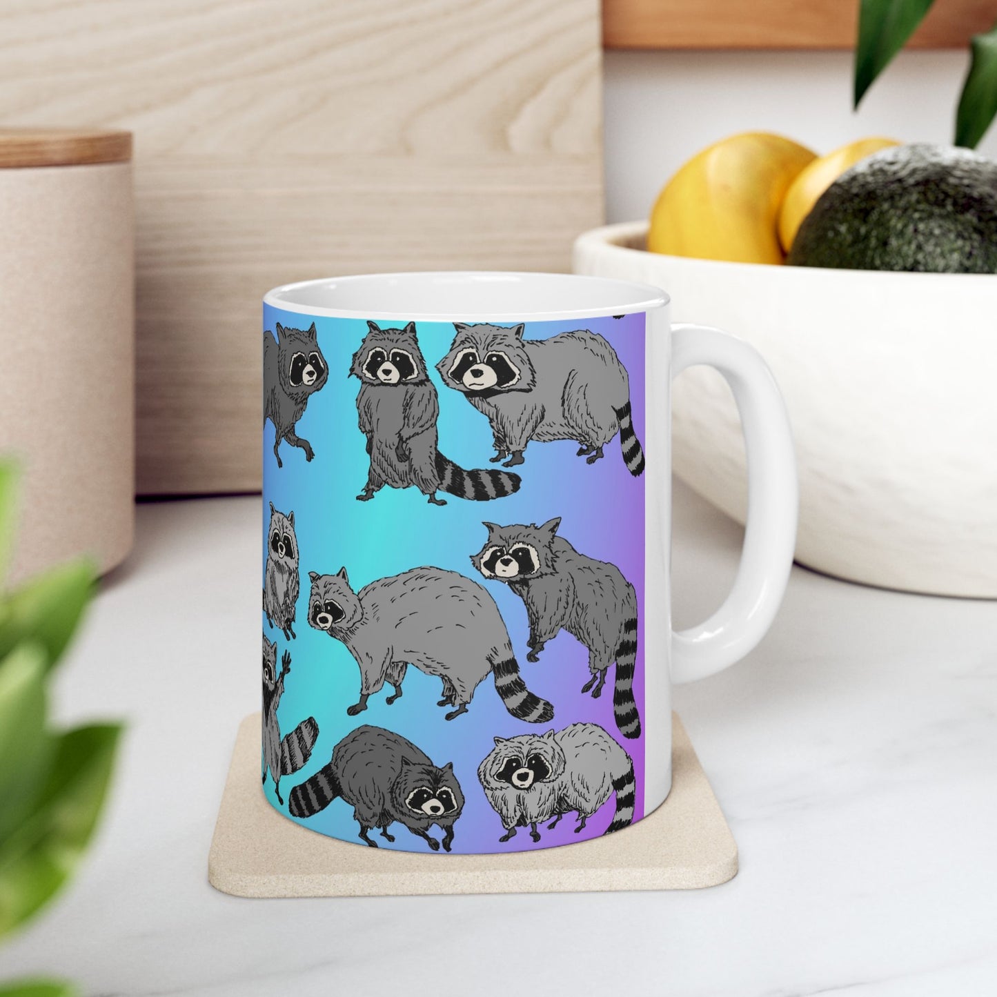 Raccoon Pattern Ceramic Mug — Cute Cartoon Raccoons on Gradient Background (11oz, 15oz)