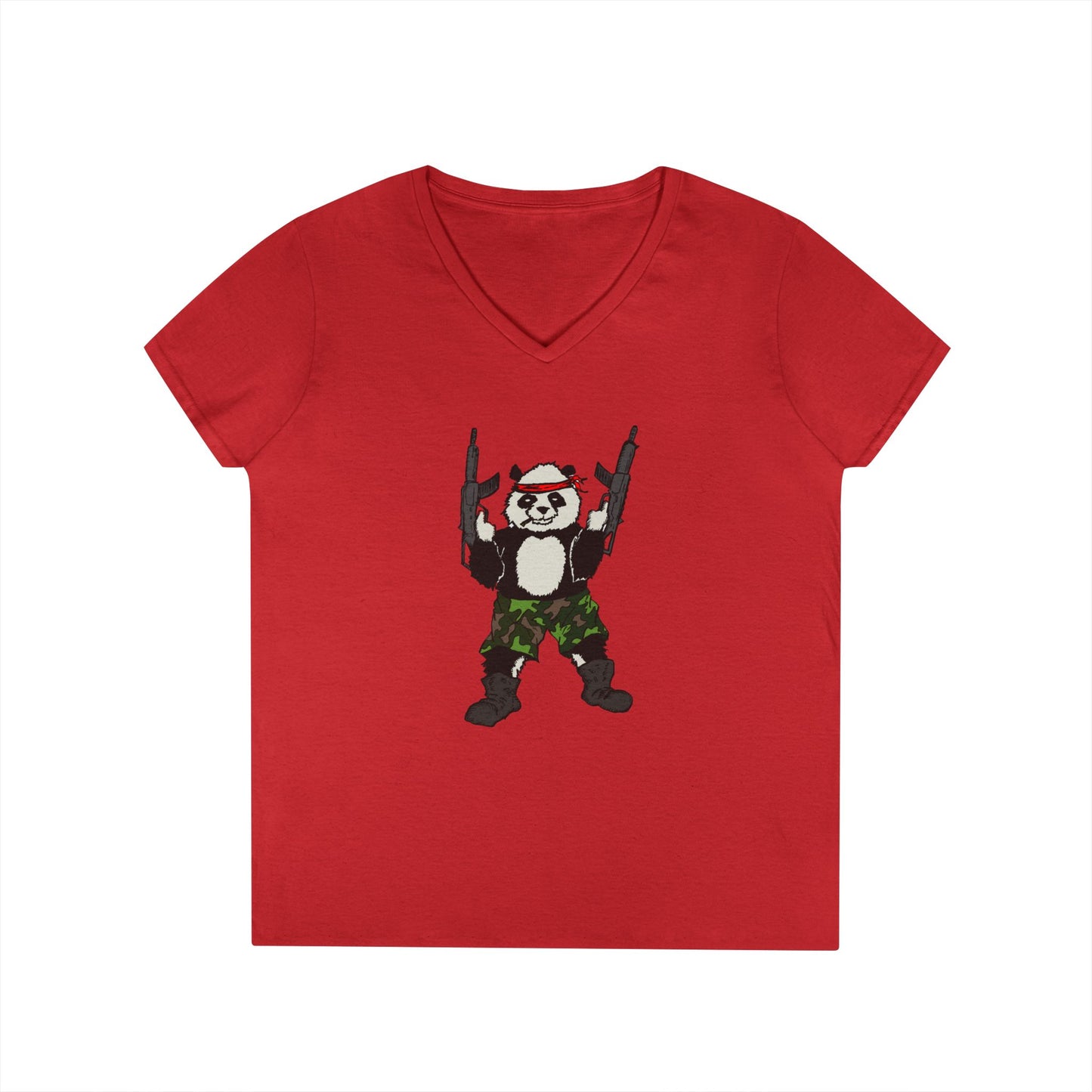 Ladies' V-Neck T-Shirt - Cool Panda with Guns Graphic Tee