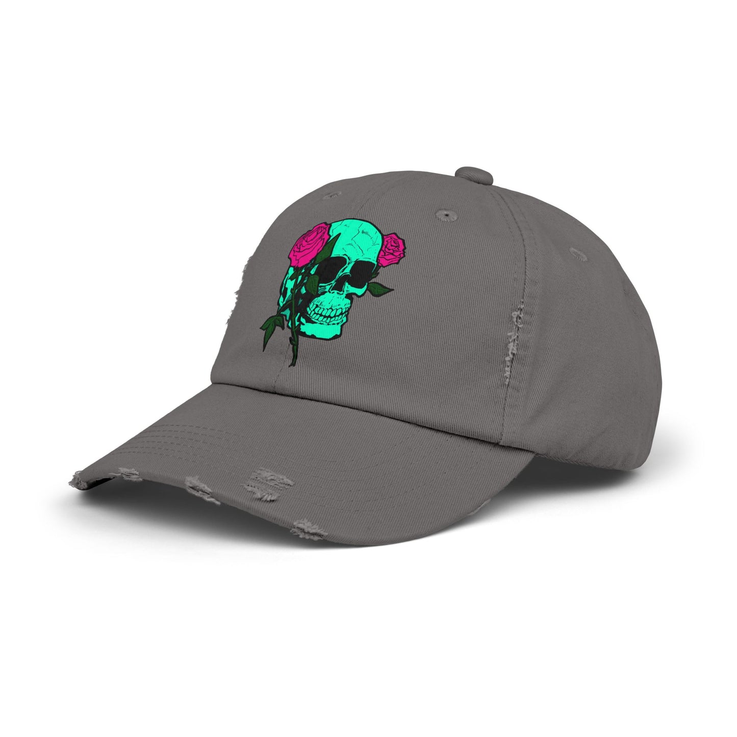 Trendy Distressed Skull Cap with Roses