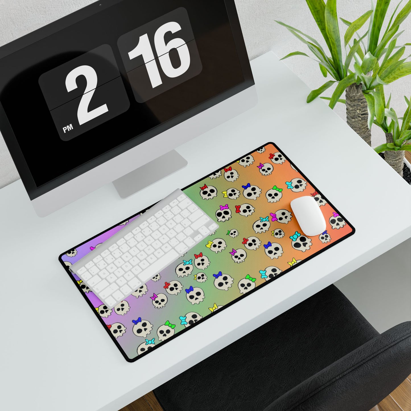 Rainbow Skull Pattern Desk Mat — Cute Pastel Skull Gaming Mouse Pad and Card Playing Mat