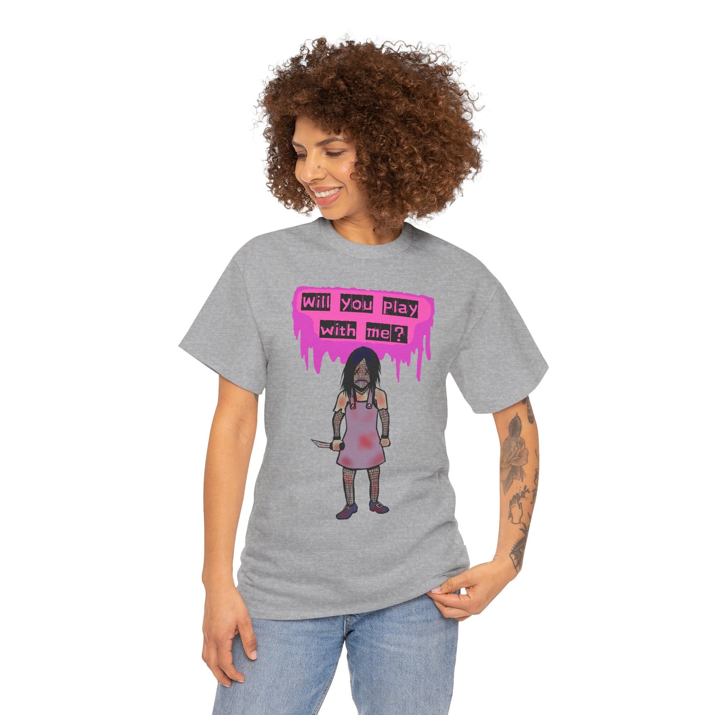 Playful Evil Doll Horror Graphic Tee, Unisex Heavy Cotton Shirt, Casual Wear, Unique Gift, Halloween Costume, Quirky Fashion