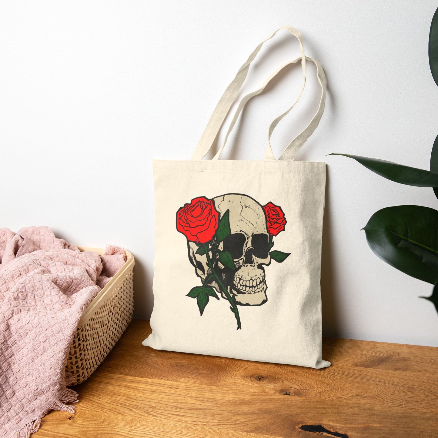 Skull & Roses Canvas Tote Bag — Gothic Floral Reusable Shopper