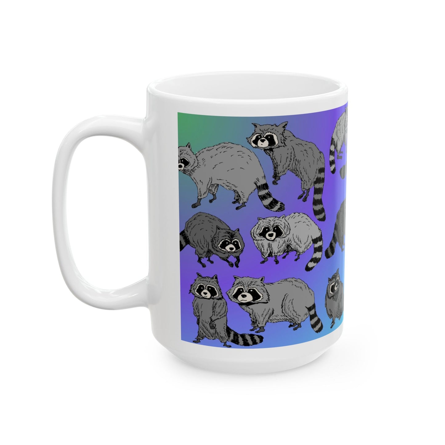 Raccoon Pattern Ceramic Mug — Cute Cartoon Raccoons on Gradient Background (11oz, 15oz)