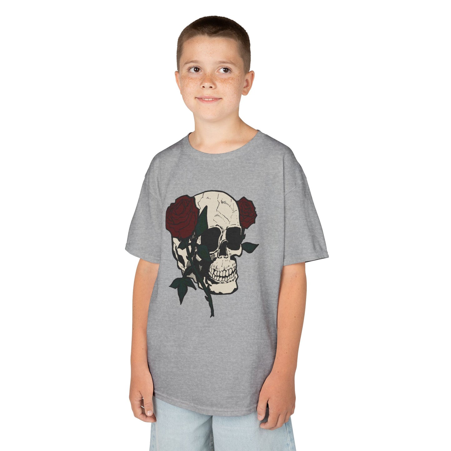 Kids Heavy Cotton Tee - Skull and Roses Graphic Tee for Trendy Kids