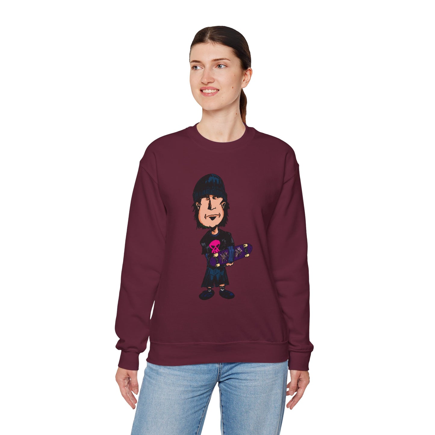Rude Skater Dude - Skate Punk - Cartoon Skater Crewneck Sweatshirt – Cute Skateboarder Graphic Pullover