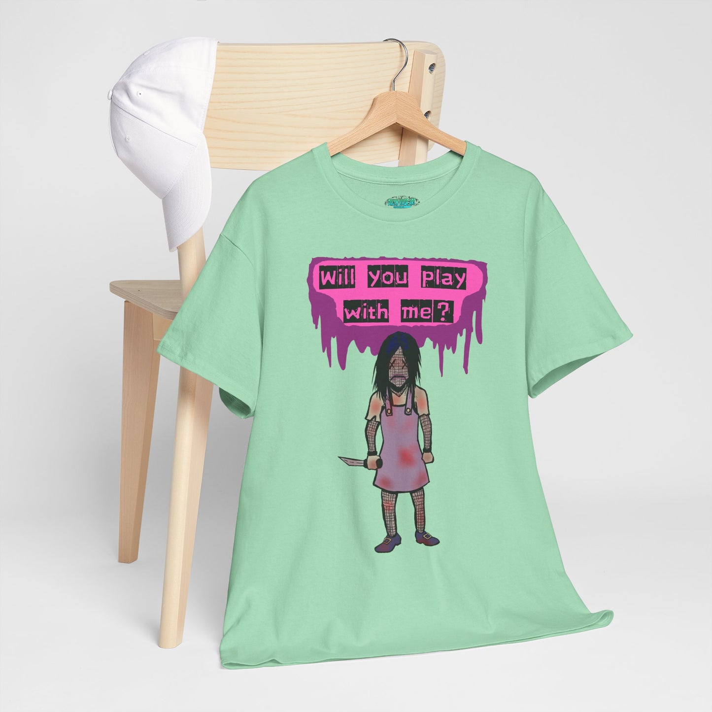 Chilling Evil Doll Horror Tee, Horror T-Shirt, Grey Tee, Unique Graphic Tee, Unisex Tee, Playful Scary Top, Halloween Shirt