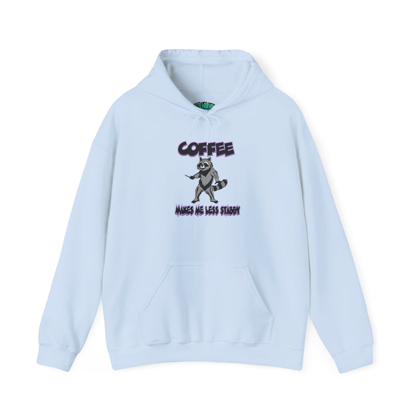 Coffee Makes Me Less Stabby Themed Unisex Hoodie with Fun Raccoon Design, Perfect for Coffee Lovers, Gift for Birthdays, Chill Days, Cozy Sweater