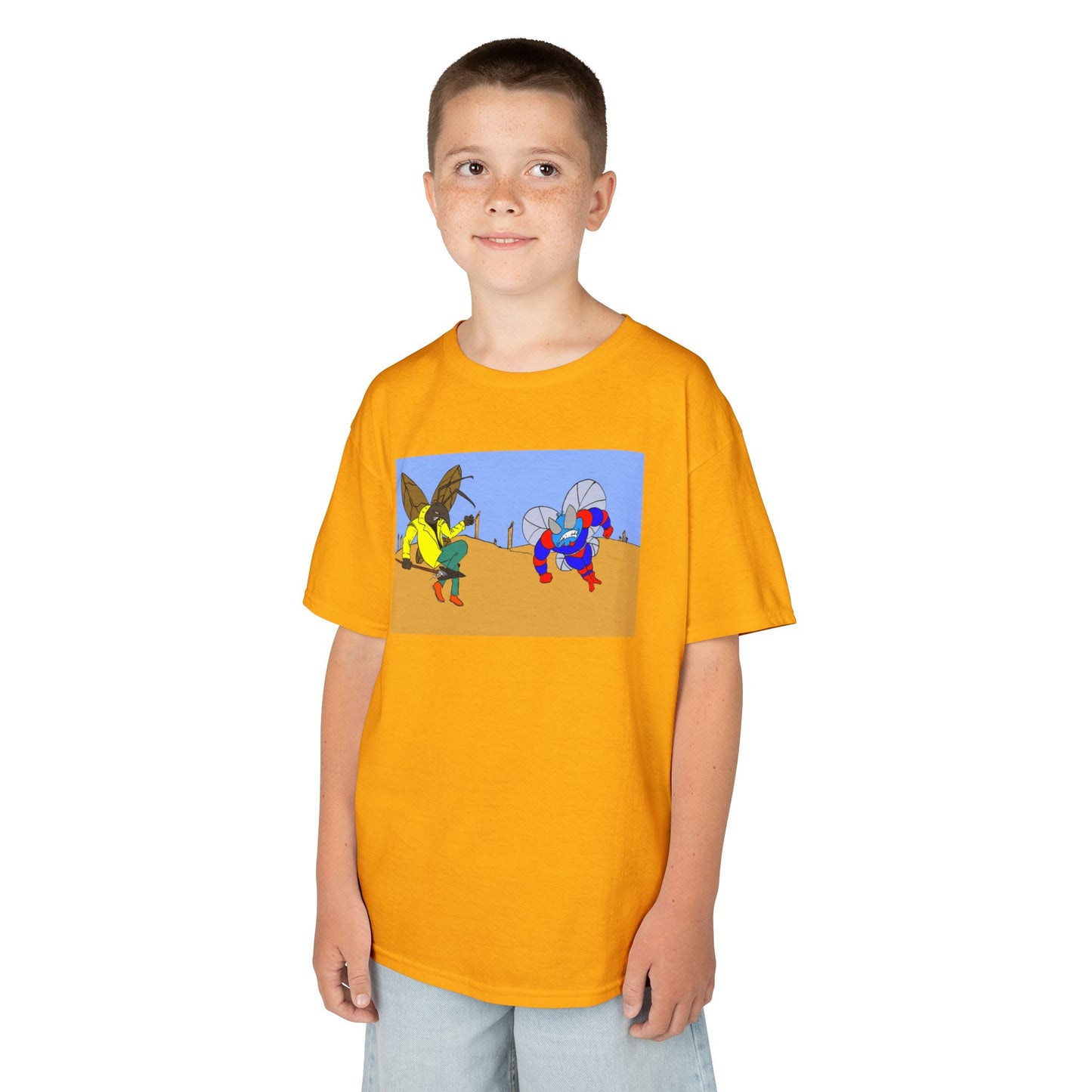 Astro-Fly and Wasp Warrior Kids Tee — Colorful Desert Beetle Cartoon Illustration