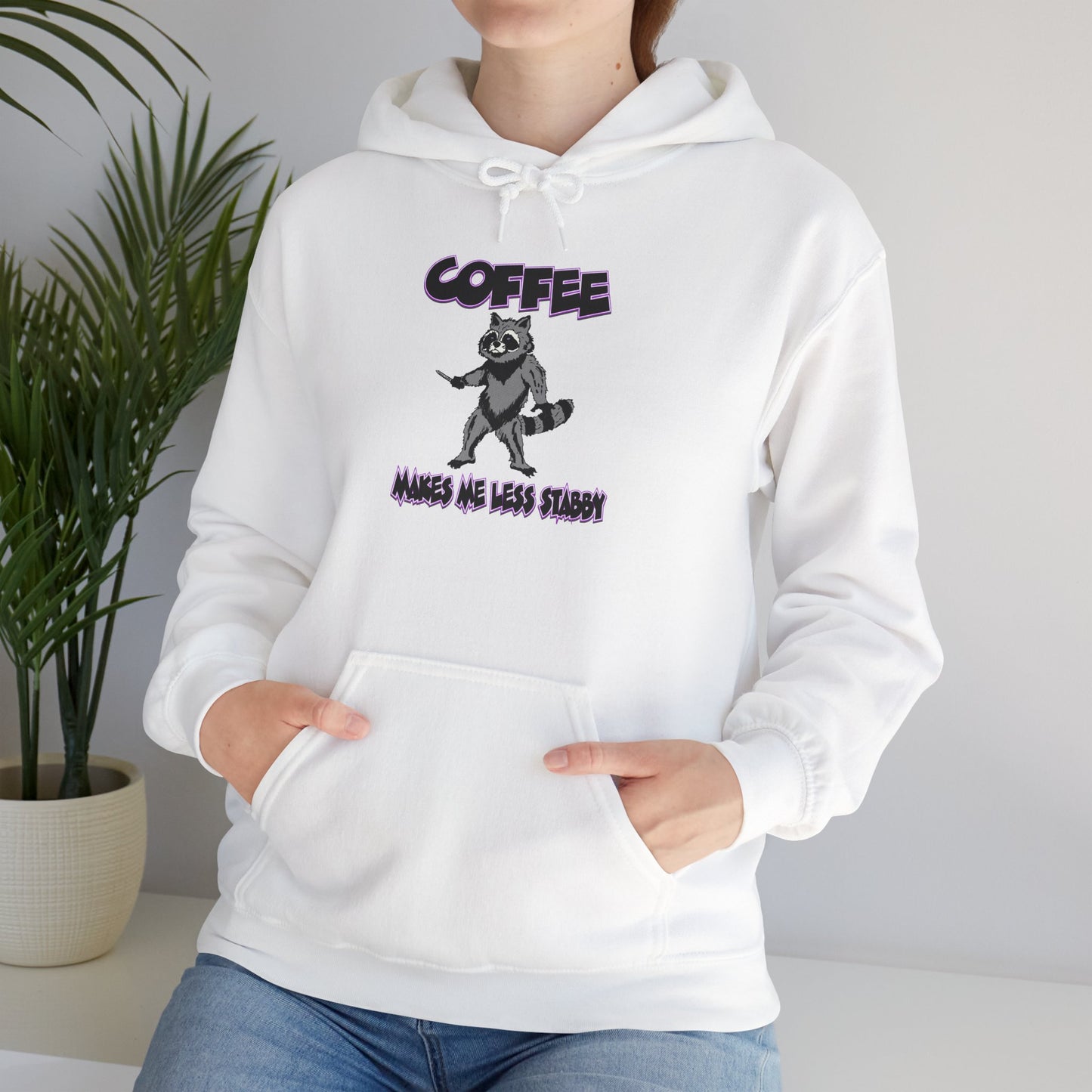 Coffee Makes Me Less Stabby Themed Unisex Hoodie with Fun Raccoon Design, Perfect for Coffee Lovers, Gift for Birthdays, Chill Days, Cozy Sweater
