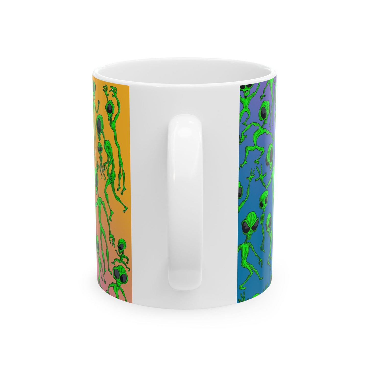 Alien Dance Party Ceramic Mug — Colorful Psychedelic Green Aliens (11oz & 15oz)