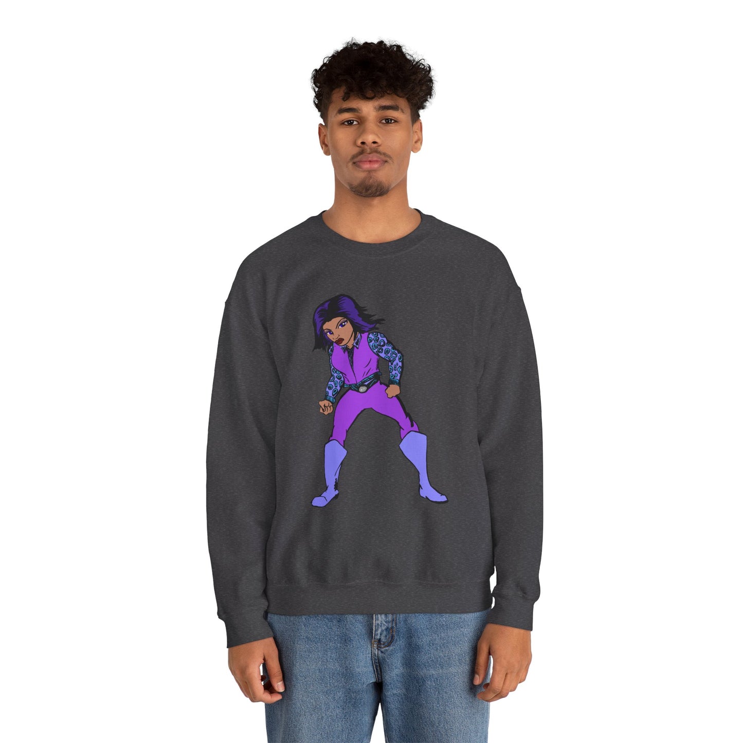 Vintage Retro Hero Crewneck Sweatshirt with Bold Graphic Design