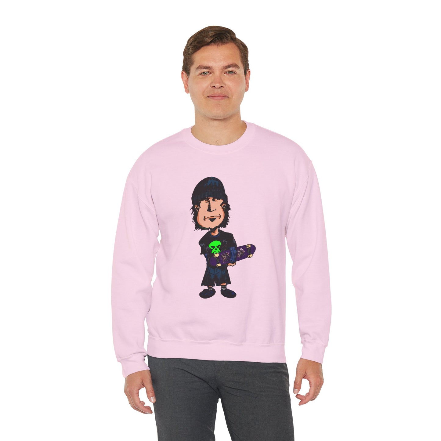Rude Skater Dude - Cartoon Skate Punk Crewneck Sweatshirt — Retro Skateboard Character Graphic