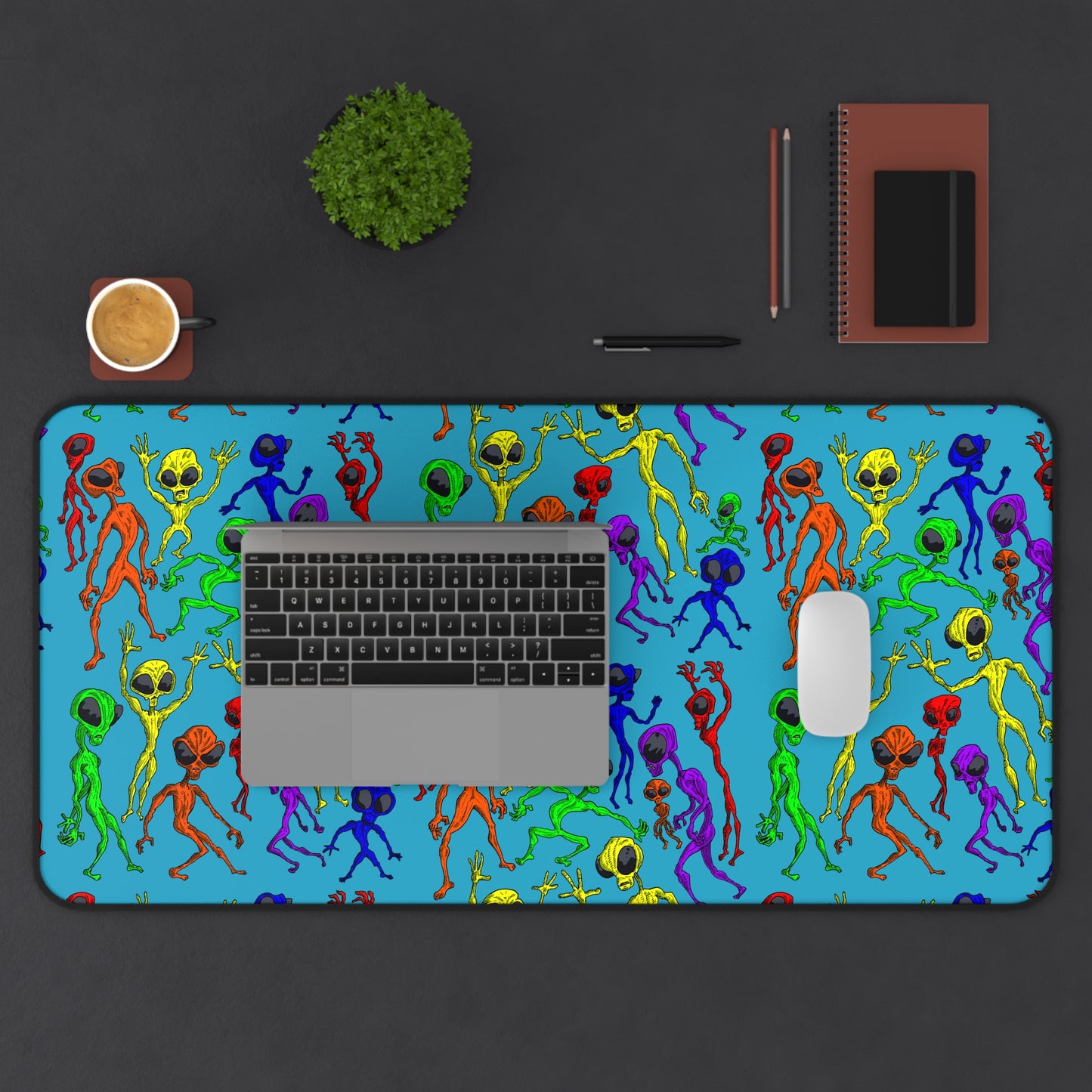 Desk Mat - Alien Dance Party Science Fiction Sci-Fi Rainbow Colors Tropical Blue Background