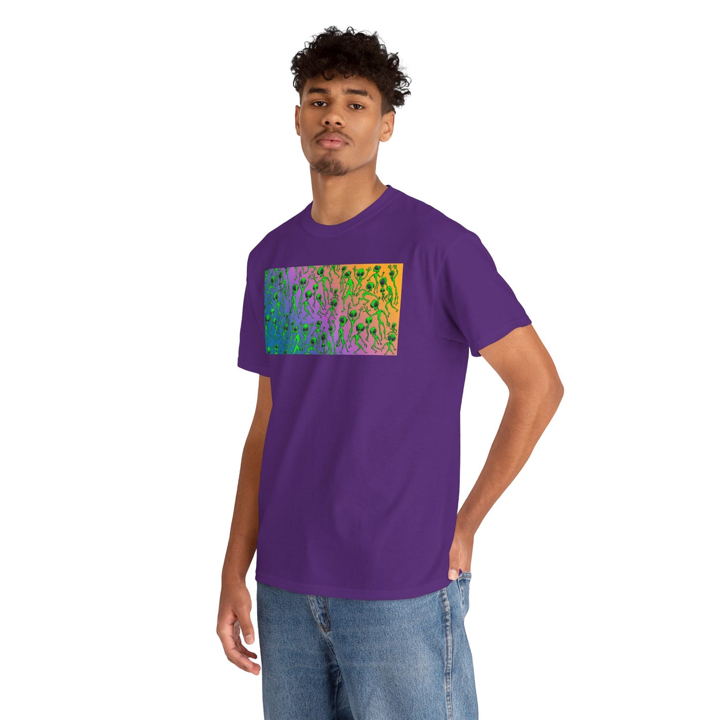 Alien Dance Party Gradient Tee — Colorful Psychedelic Green Aliens Art T-Shirt
