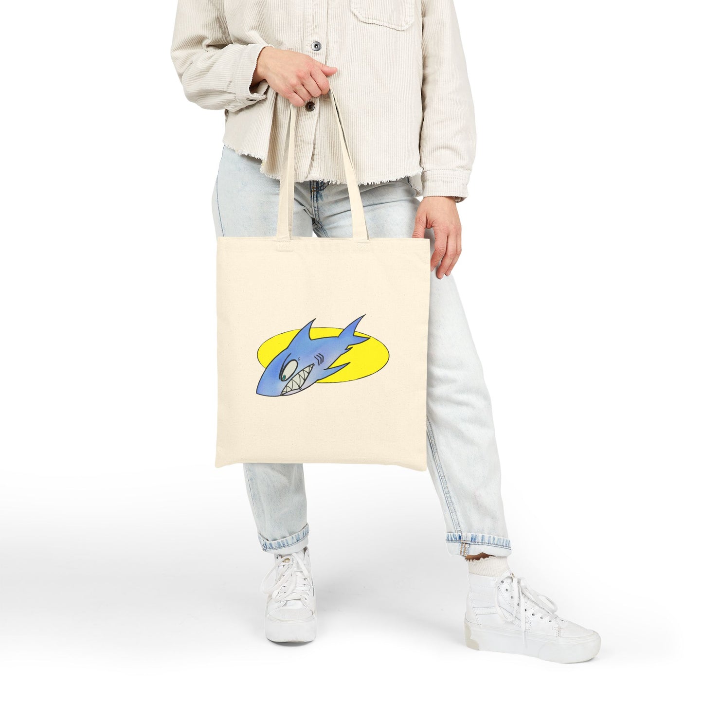 Shark Graphic Tote Bag – Retro Blue Shark Design on Natural Canvas