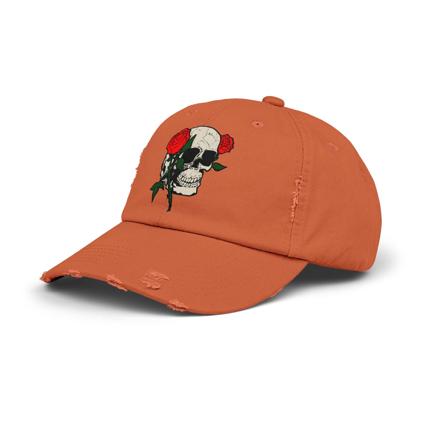 Skull and Roses Distressed Unisex Cap – Edgy Fashion Accessory for Music Lovers