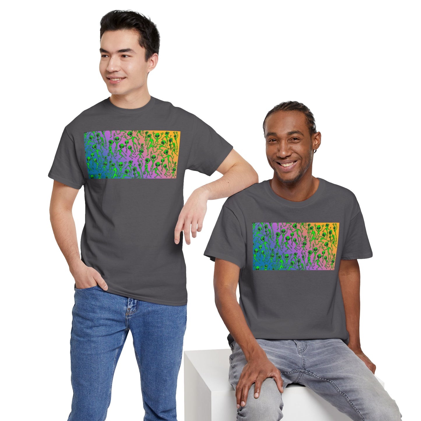 Alien Dance Party Gradient Tee — Colorful Psychedelic Green Aliens Art T-Shirt
