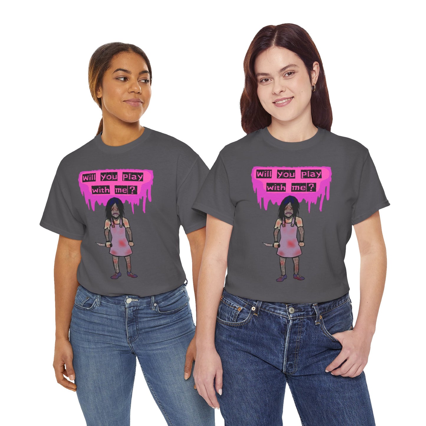Playful Evil Doll Horror Graphic Tee, Unisex Heavy Cotton Shirt, Casual Wear, Unique Gift, Halloween Costume, Quirky Fashion