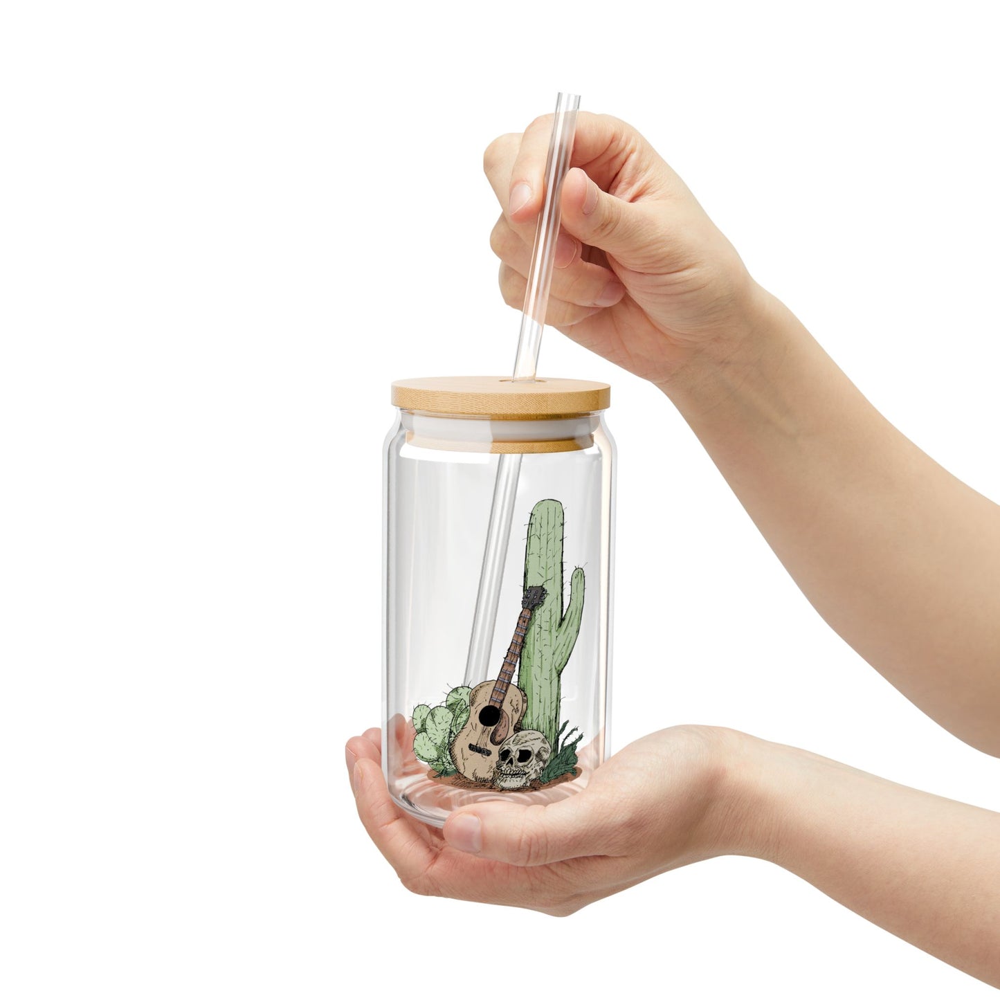 Cactus & Guitar Sipper Glass, 16oz | Eco-Friendly Drinkware, Summer Vibes, Unique Gift for Nature Lovers, Reusable Straw Included