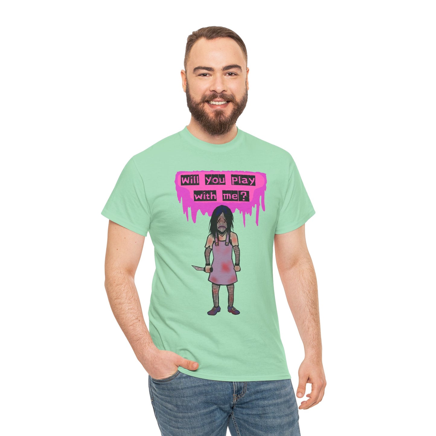 Playful Evil Doll Horror Graphic Tee, Unisex Heavy Cotton Shirt, Casual Wear, Unique Gift, Halloween Costume, Quirky Fashion