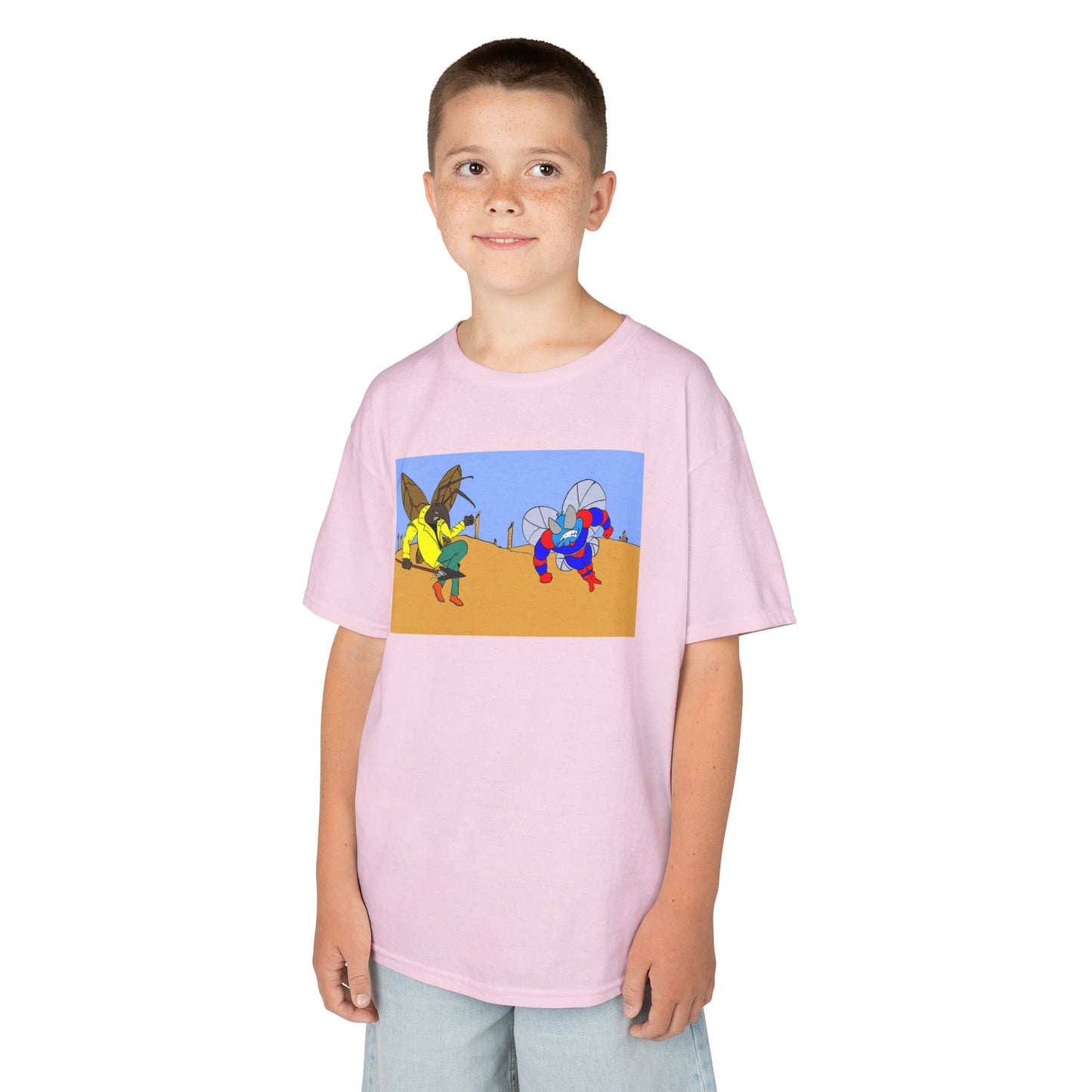 Astro-Fly and Wasp Warrior Kids Tee — Colorful Desert Beetle Cartoon Illustration