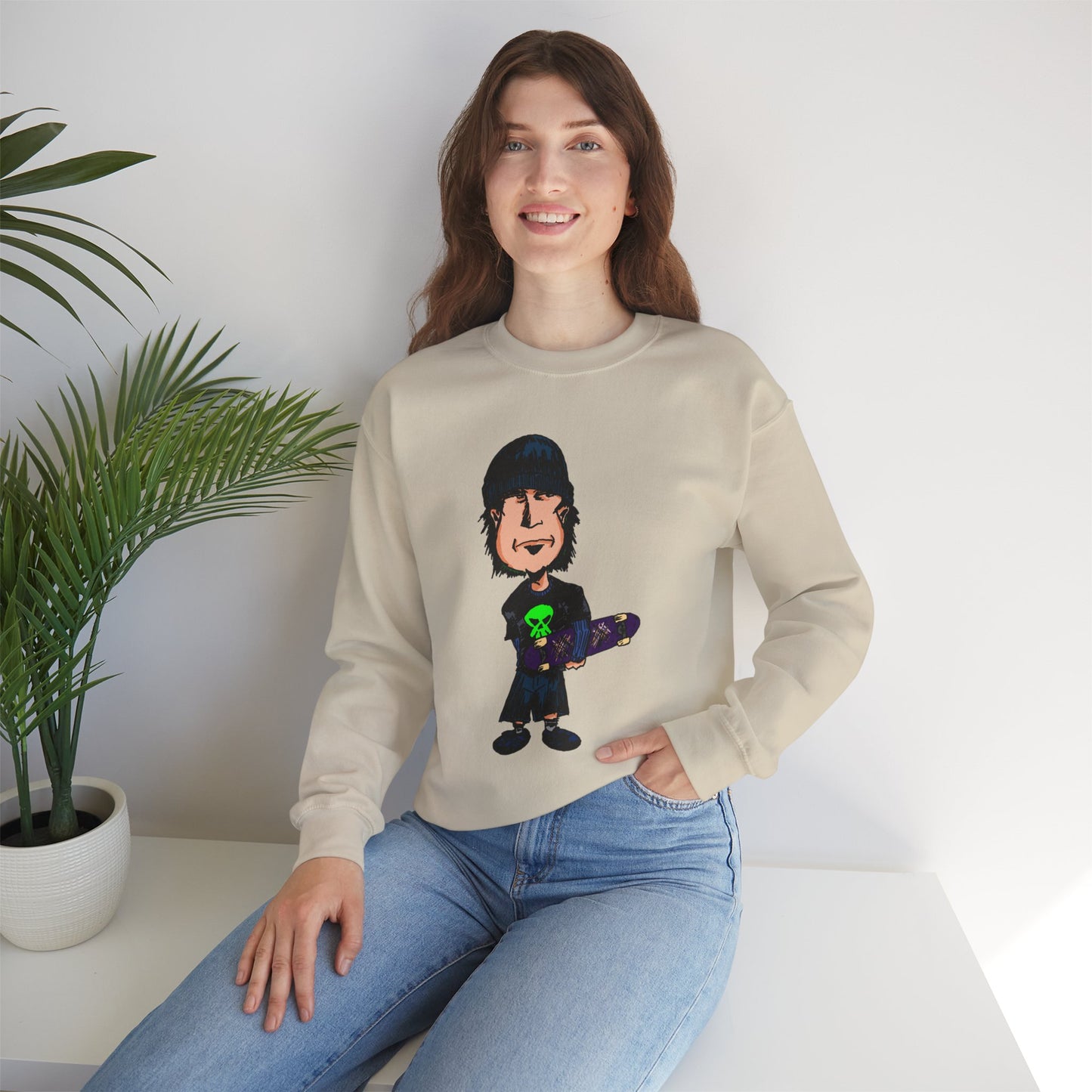 Rude Skater Dude - Cartoon Skate Punk Crewneck Sweatshirt — Retro Skateboard Character Graphic