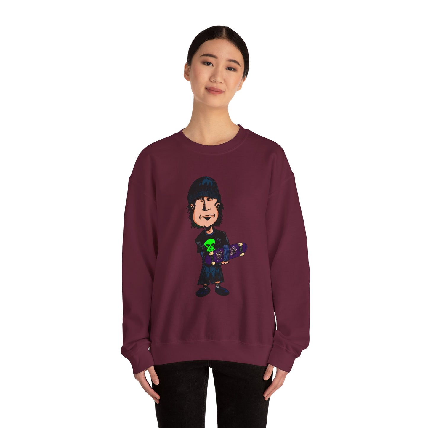 Rude Skater Dude - Cartoon Skate Punk Crewneck Sweatshirt — Retro Skateboard Character Graphic