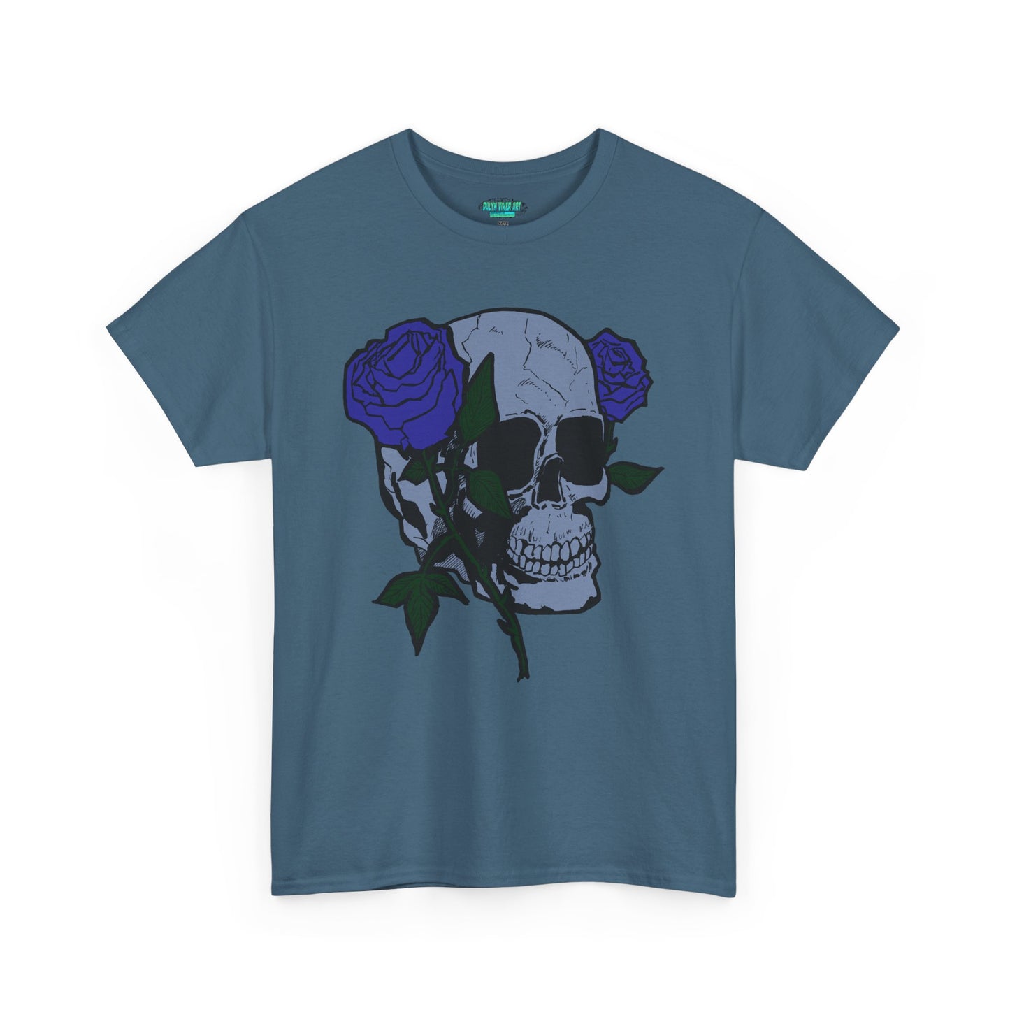 Unisex Heavy Cotton Tee with Skull and Rose Design - Edgy Streetwear Top
