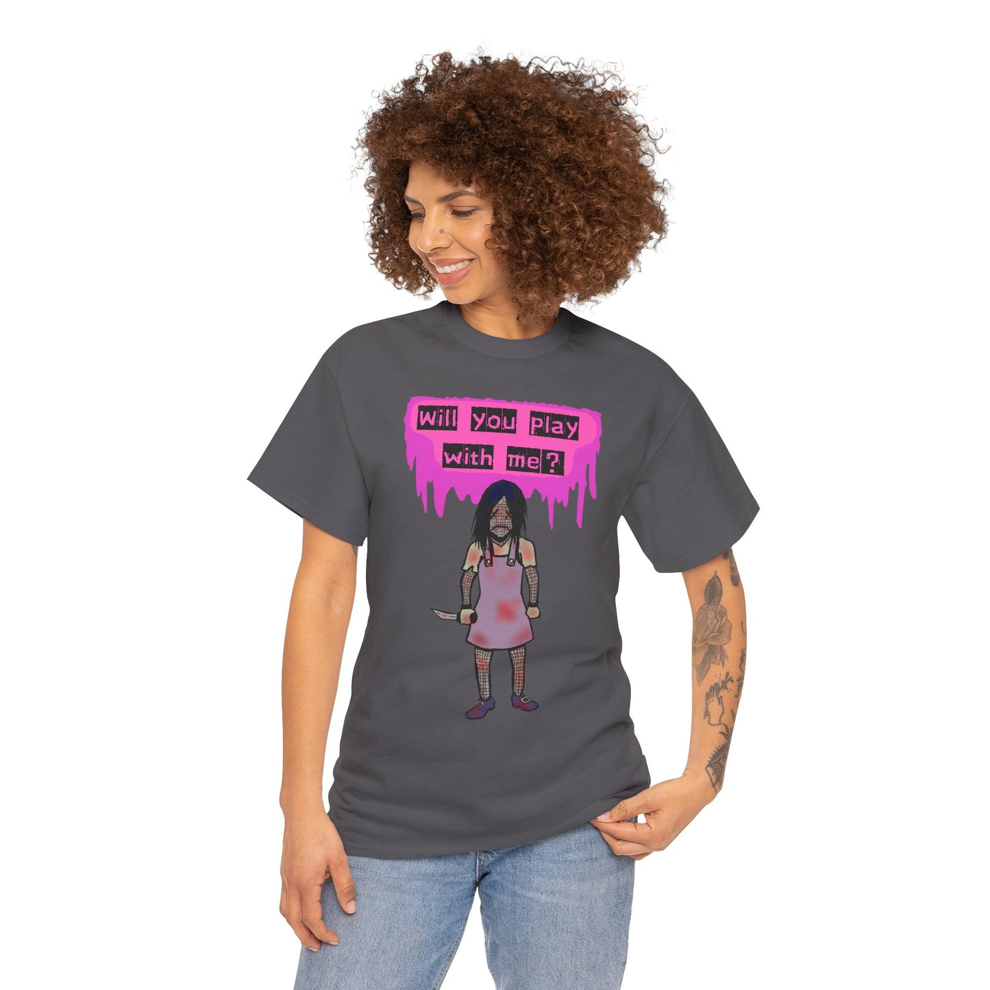 Playful Evil Doll Horror Graphic Tee, Unisex Heavy Cotton Shirt, Casual Wear, Unique Gift, Halloween Costume, Quirky Fashion