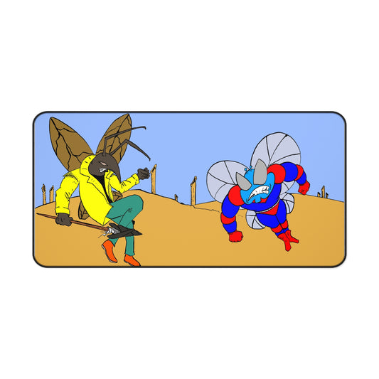 Astro-Fly and Wasp Warrior Desk Mat — Retro Insect Brawl Gaming Mouse Pad (Desert Duel)