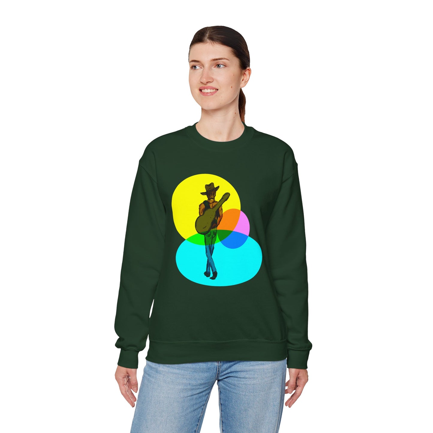 Cowboy Guitarist Graphic Sweatshirt — Retro Color Spot Music Pullover