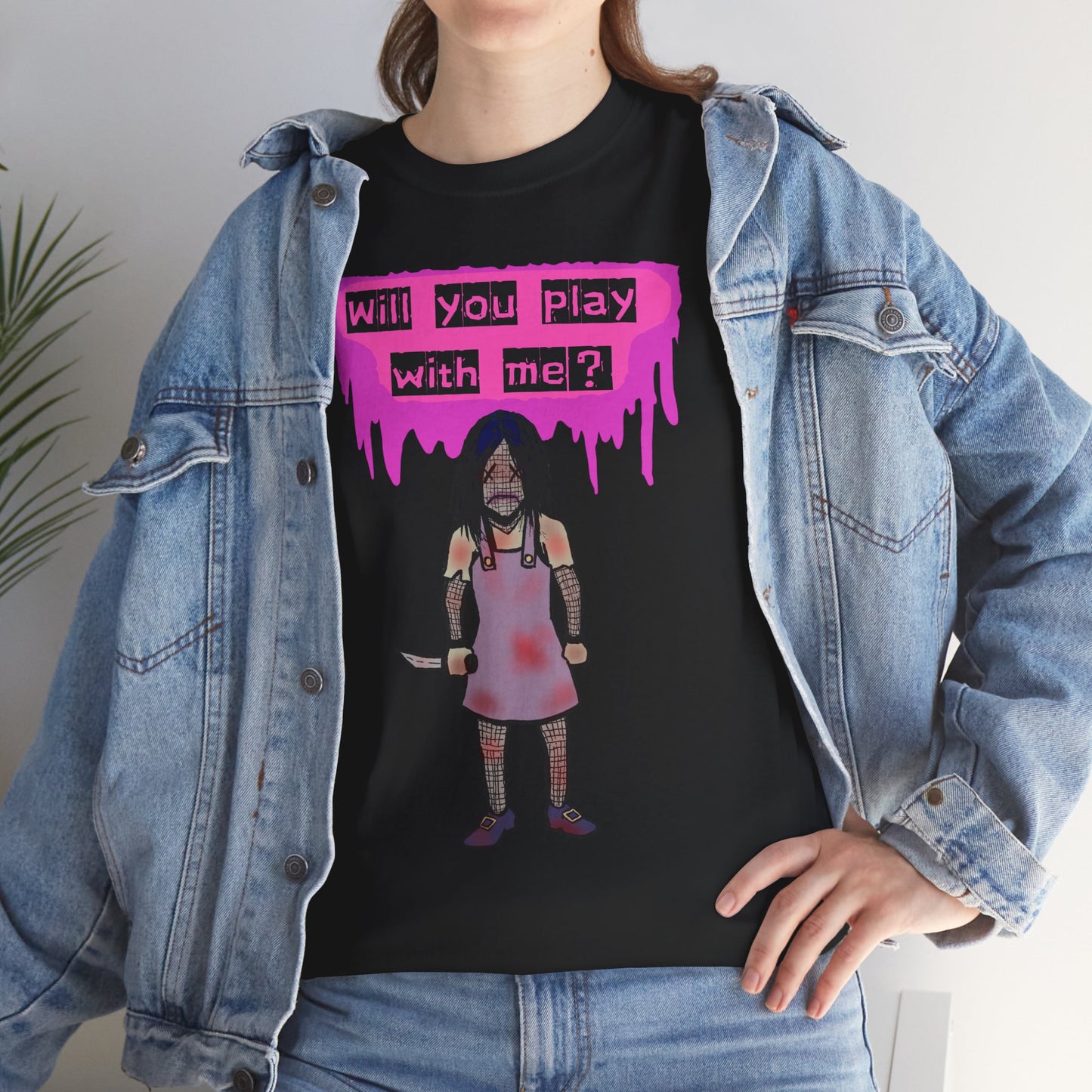 Playful Evil Doll Horror Graphic Tee, Unisex Heavy Cotton Shirt, Casual Wear, Unique Gift, Halloween Costume, Quirky Fashion