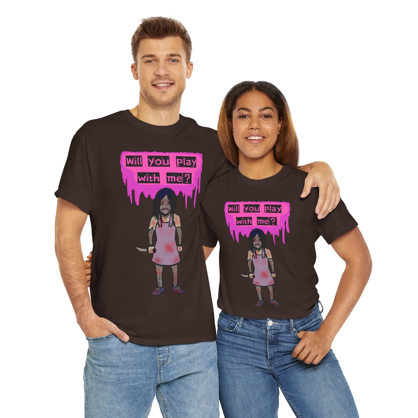 Playful Evil Doll Horror Graphic Tee, Unisex Heavy Cotton Shirt, Casual Wear, Unique Gift, Halloween Costume, Quirky Fashion