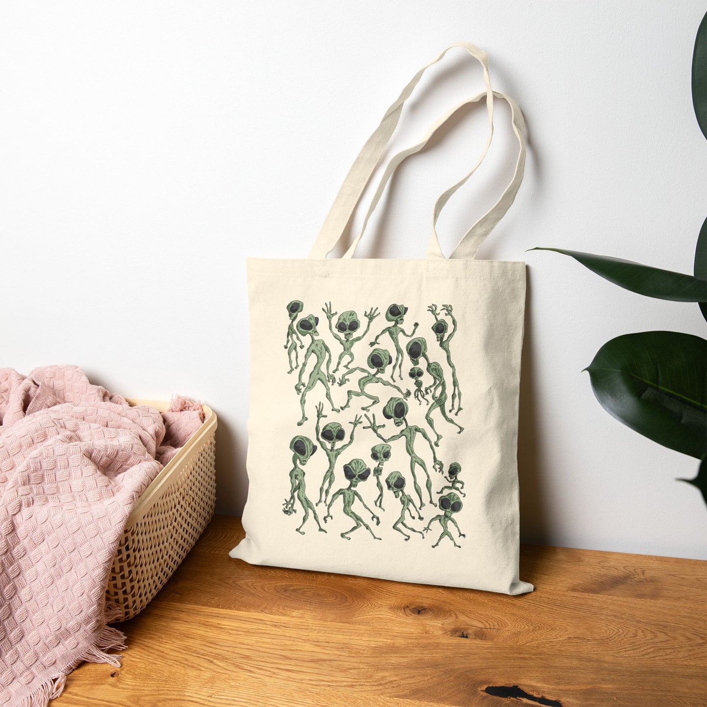Alien Dance Party Tote — Dancing Green Thistle Pattern Cotton Canvas Tote Bag