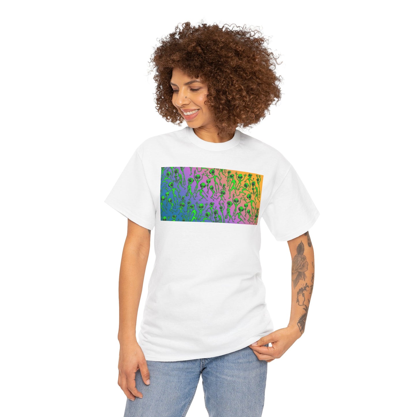 Alien Dance Party Gradient Tee — Colorful Psychedelic Green Aliens Art T-Shirt