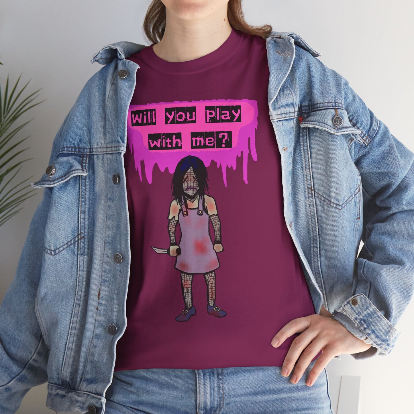 Playful Evil Doll Horror Graphic Tee, Unisex Heavy Cotton Shirt, Casual Wear, Unique Gift, Halloween Costume, Quirky Fashion