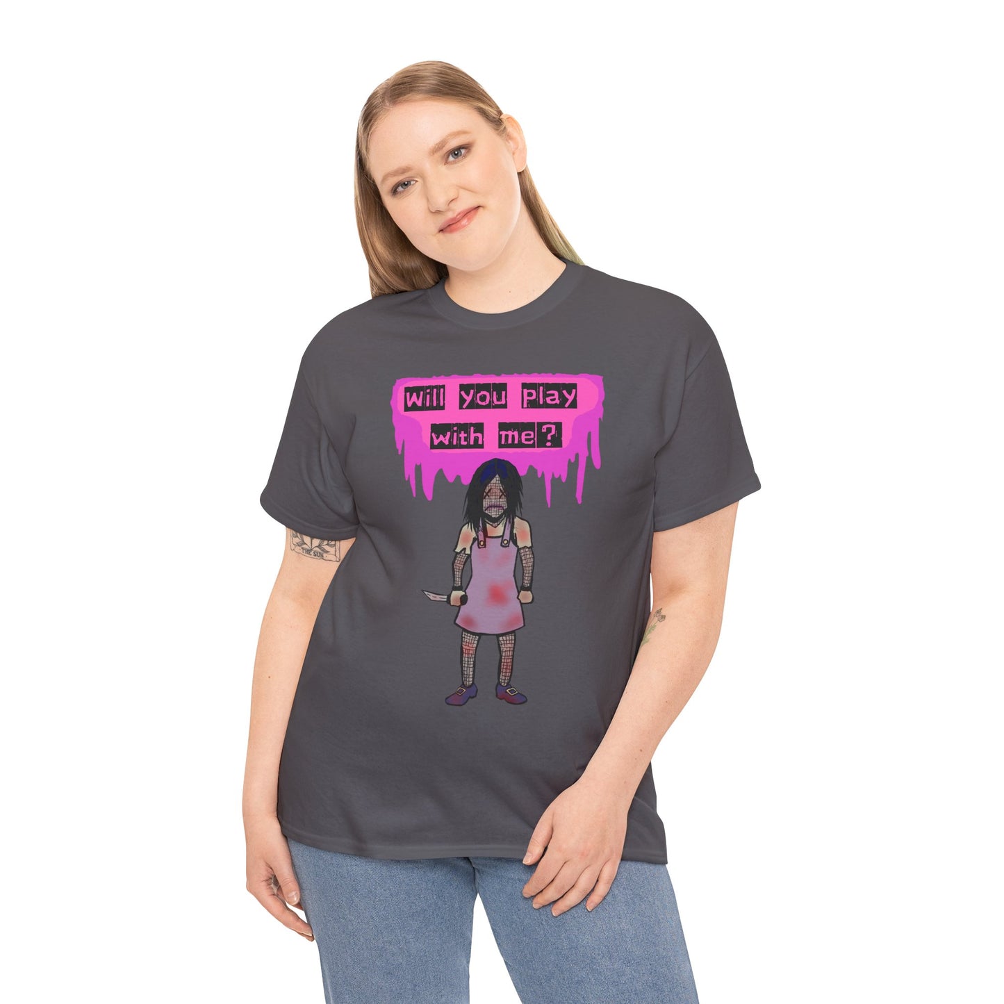 Playful Evil Doll Horror Graphic Tee, Unisex Heavy Cotton Shirt, Casual Wear, Unique Gift, Halloween Costume, Quirky Fashion
