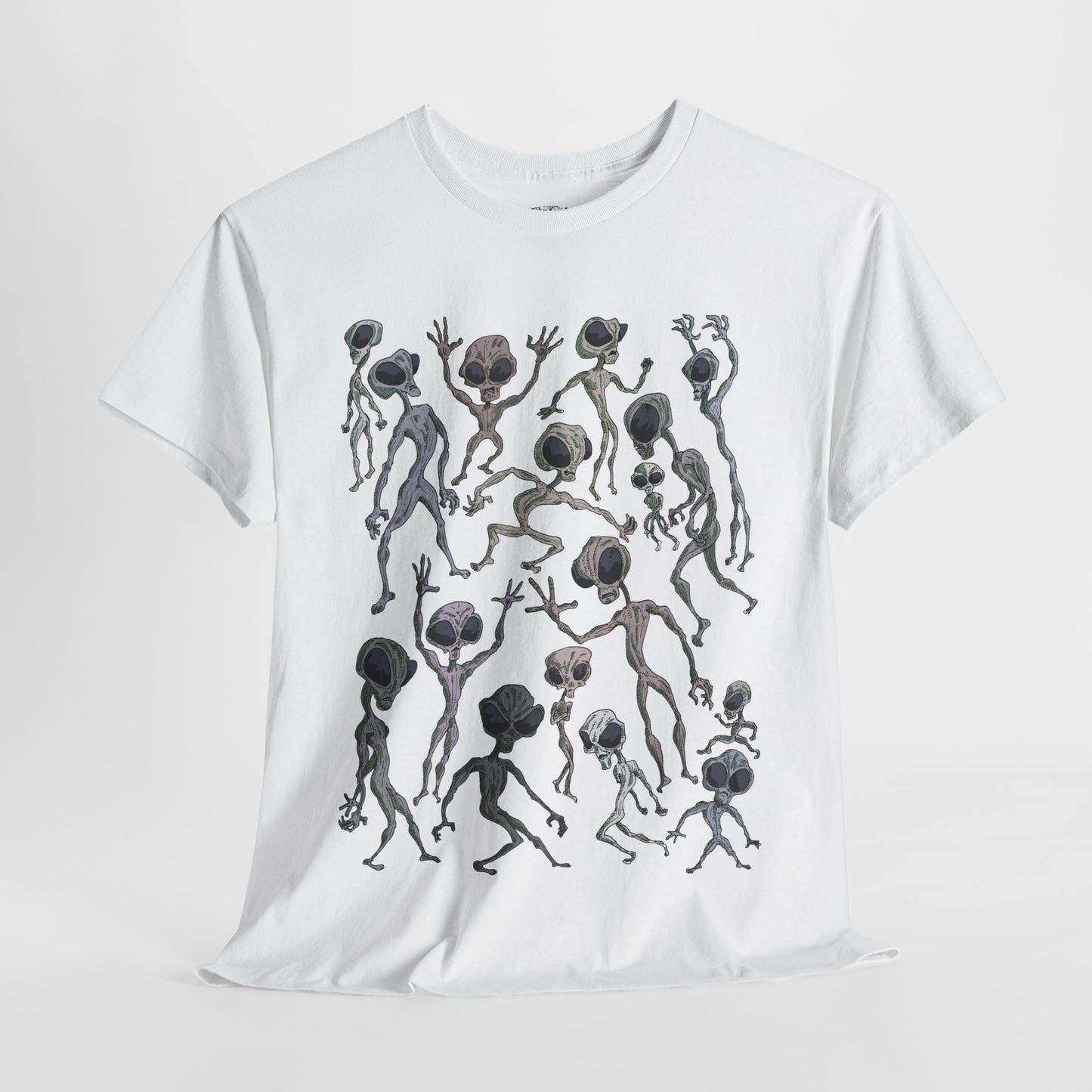 Funky Alien Dance Party Tee, Unisex Heavy Cotton Shirt, Fun Graphic Tee, Casual Wear for Parties, Unique Gift for Alien Lovers