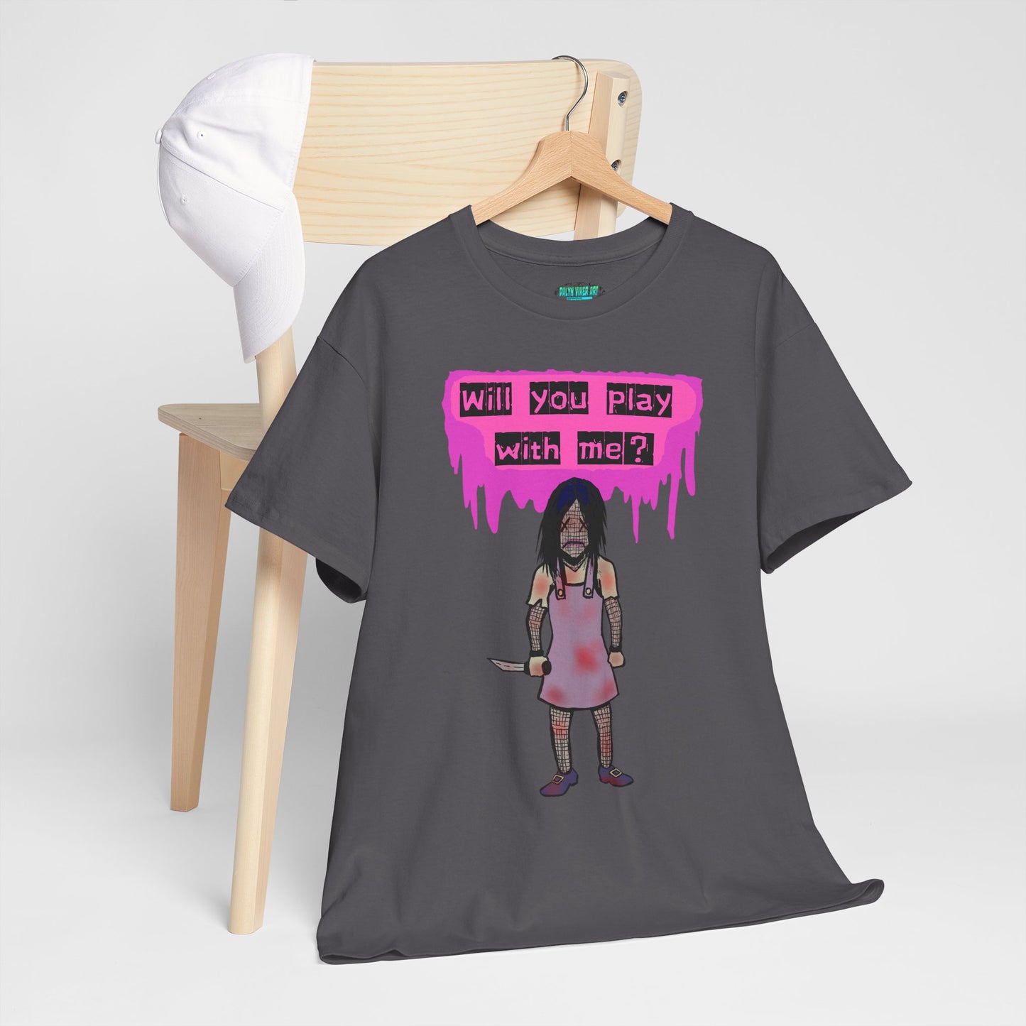 Playful Evil Doll Horror Graphic Tee, Unisex Heavy Cotton Shirt, Casual Wear, Unique Gift, Halloween Costume, Quirky Fashion