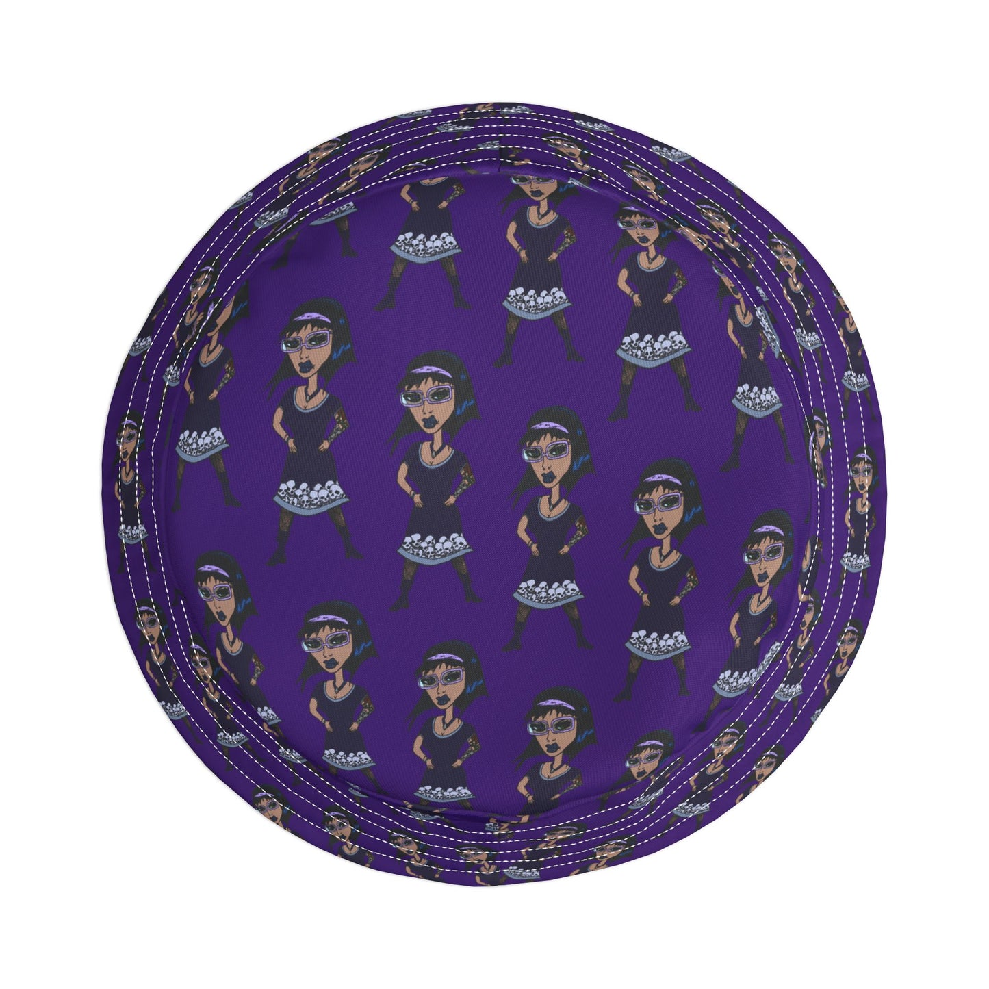 Purple Retro Goth Girl Pattern Bucket Hat — All-Over Print Fashion Accessory