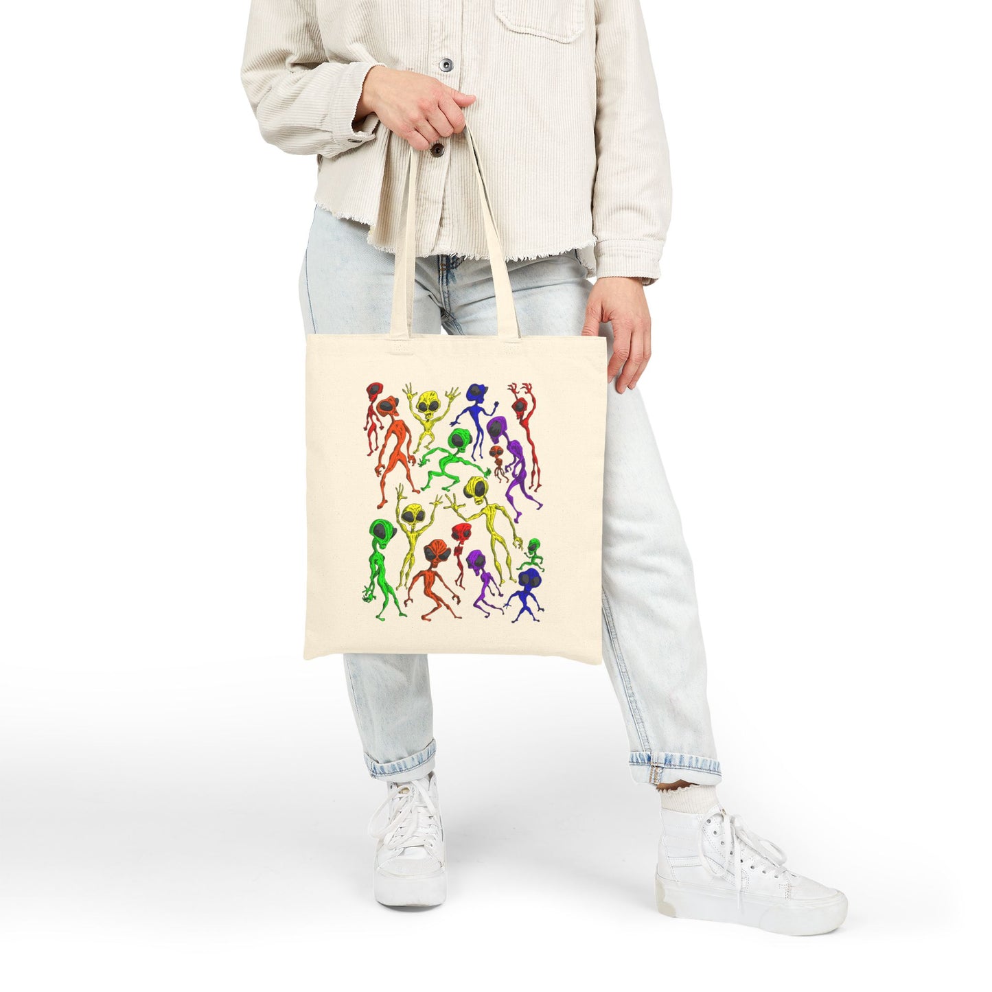 Alien Dance Party Canvas Tote Bag — Colorful Dancing Aliens Graphic Eco Shopper