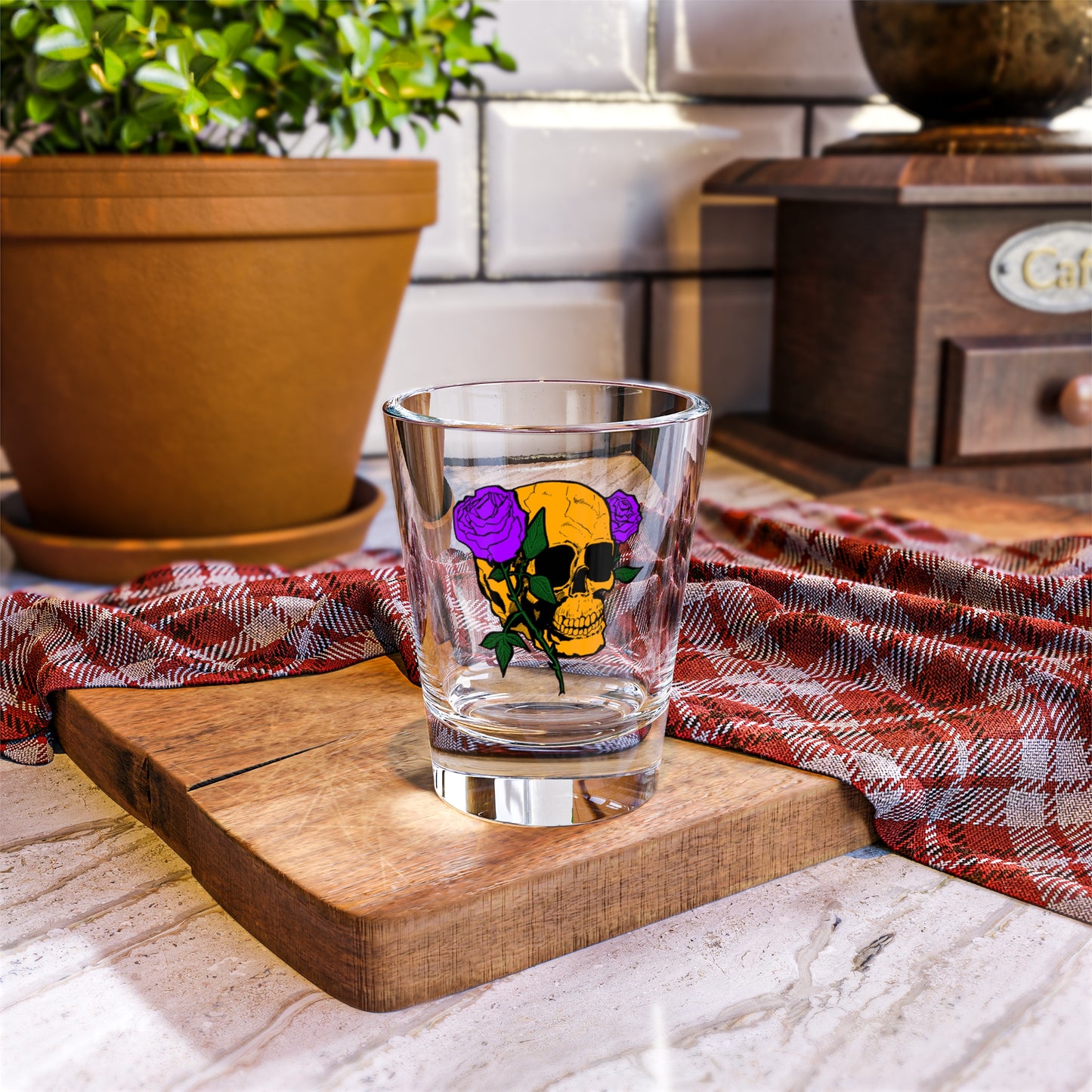 Decorative Skull Shot Glass with Purple Roses