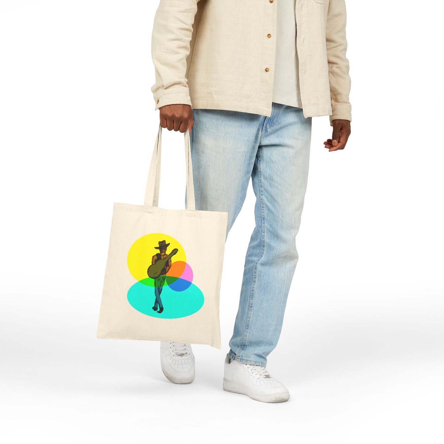 Cowboy Musician Tote Bag — Silhouette Guitarist Colorful Retro Circles Canvas Tote