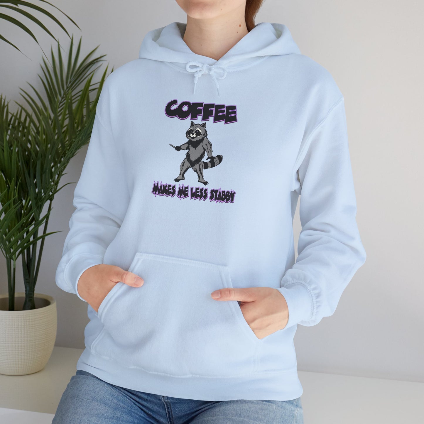 Coffee Makes Me Less Stabby Themed Unisex Hoodie with Fun Raccoon Design, Perfect for Coffee Lovers, Gift for Birthdays, Chill Days, Cozy Sweater
