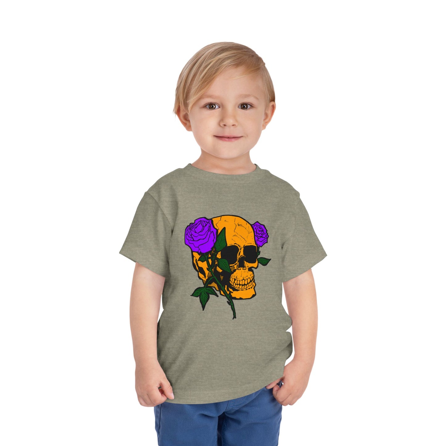 Toddler Tee — Orange Skull with Purple Roses Graphic
