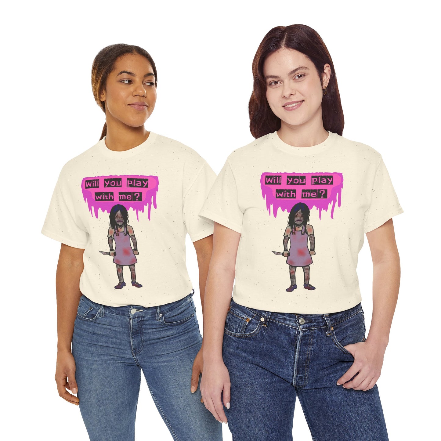 Playful Evil Doll Horror Graphic Tee, Unisex Heavy Cotton Shirt, Casual Wear, Unique Gift, Halloween Costume, Quirky Fashion