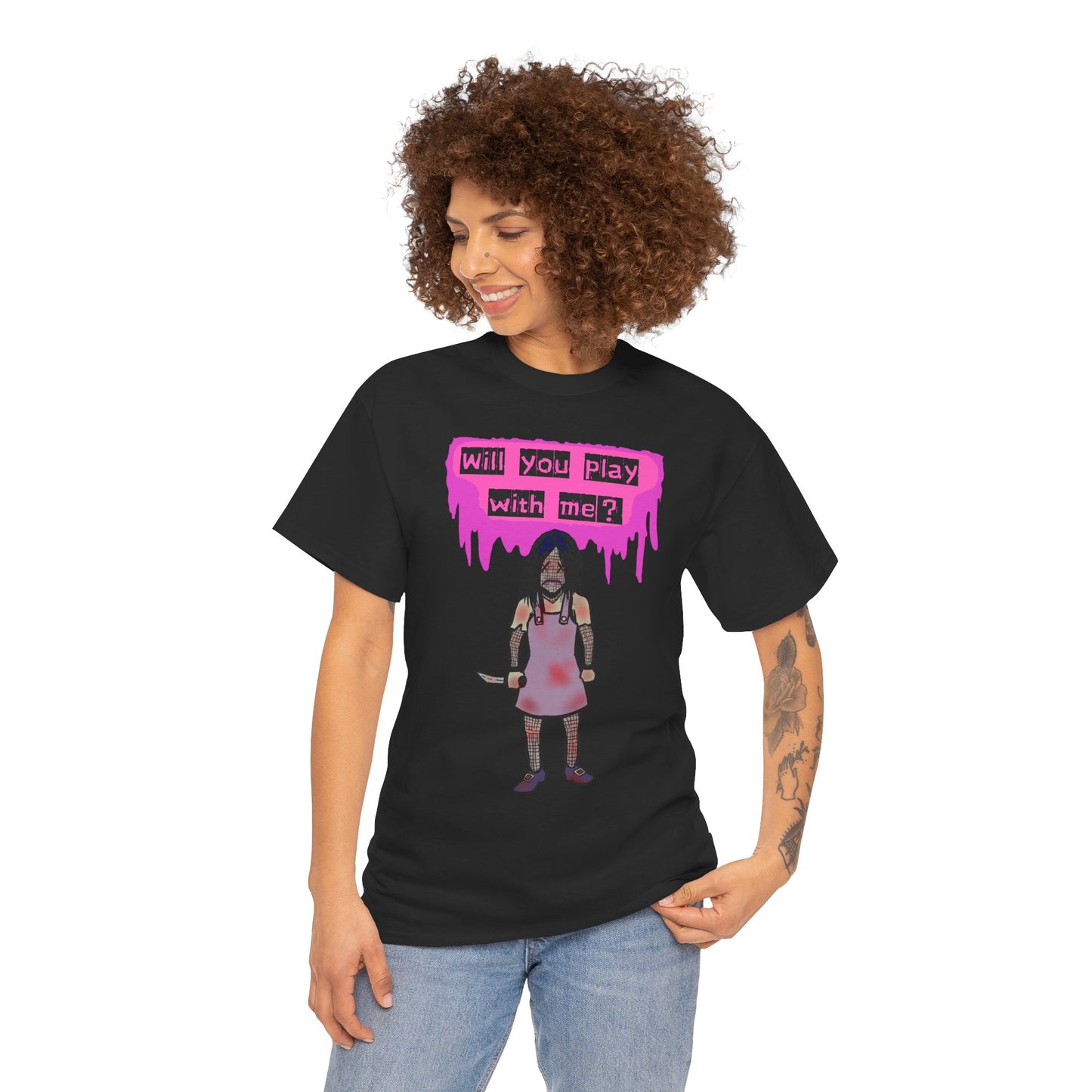 Playful Evil Doll Horror Graphic Tee, Unisex Heavy Cotton Shirt, Casual Wear, Unique Gift, Halloween Costume, Quirky Fashion