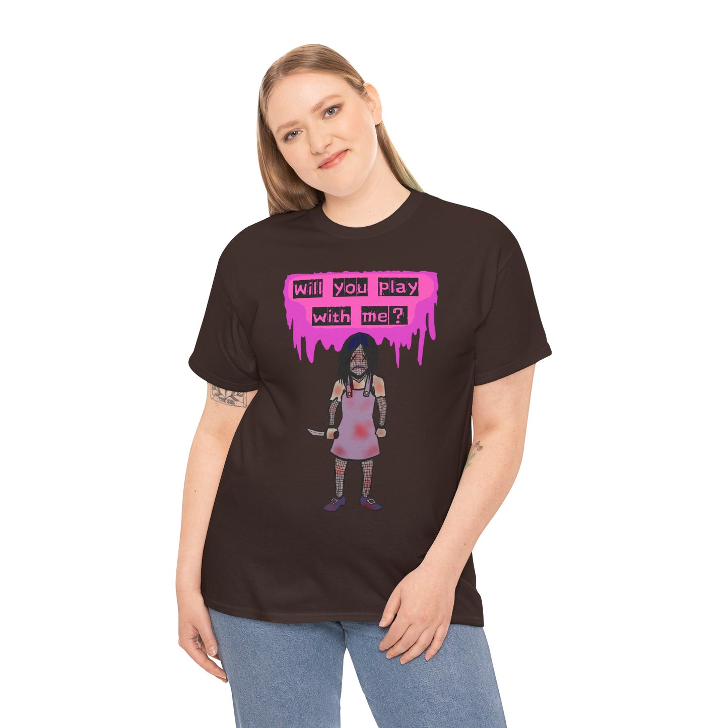 Playful Evil Doll Horror Graphic Tee, Unisex Heavy Cotton Shirt, Casual Wear, Unique Gift, Halloween Costume, Quirky Fashion