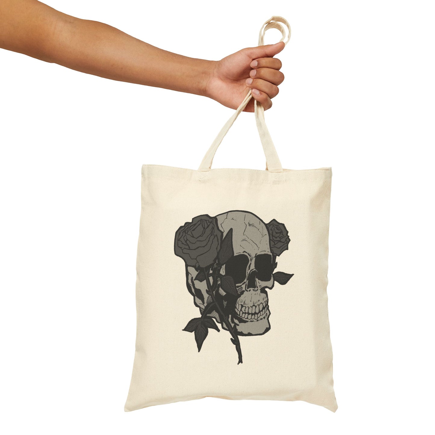 Skull with Roses Canvas Tote Bag — Gothic Floral Reusable Market Bag