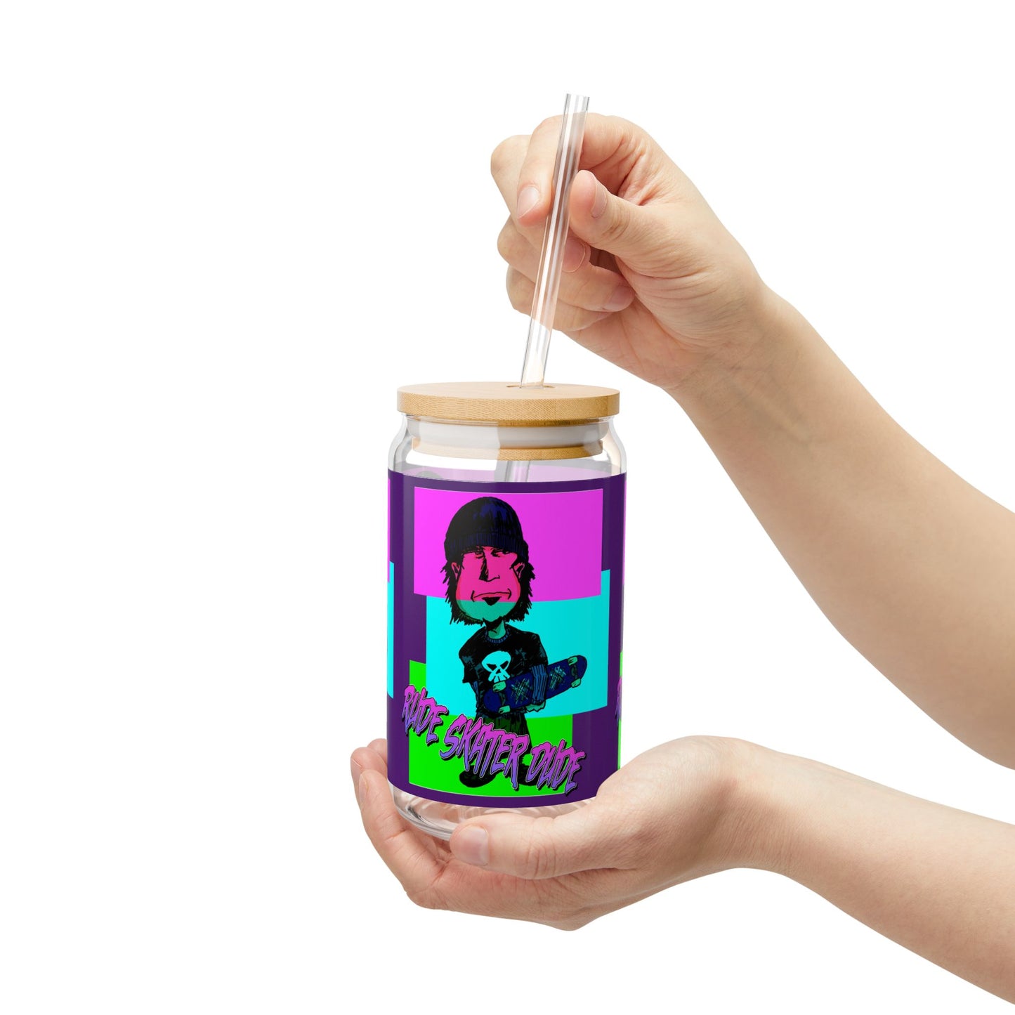 16oz Sipper Glass — Rude Skater Dude Retro Punk Skull Pop Art Drink Tumbler